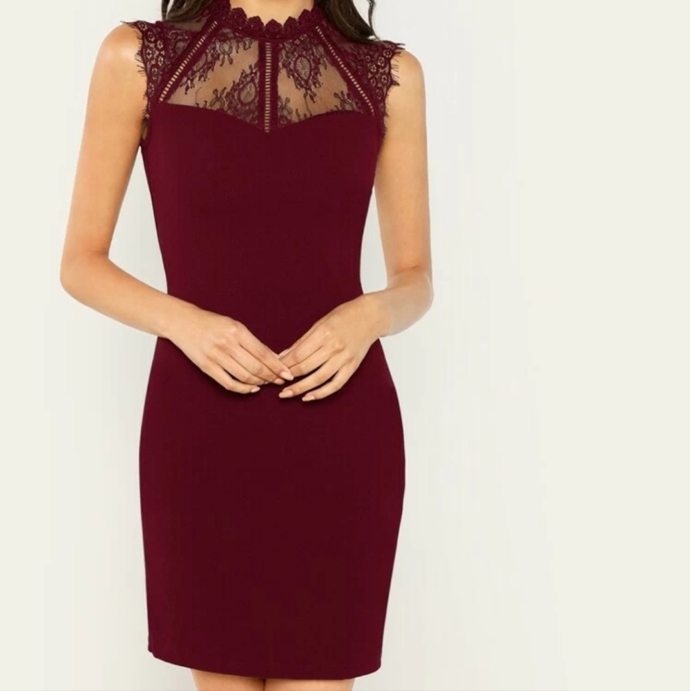 Burgundy Bodycon Eyelash Lace Dress